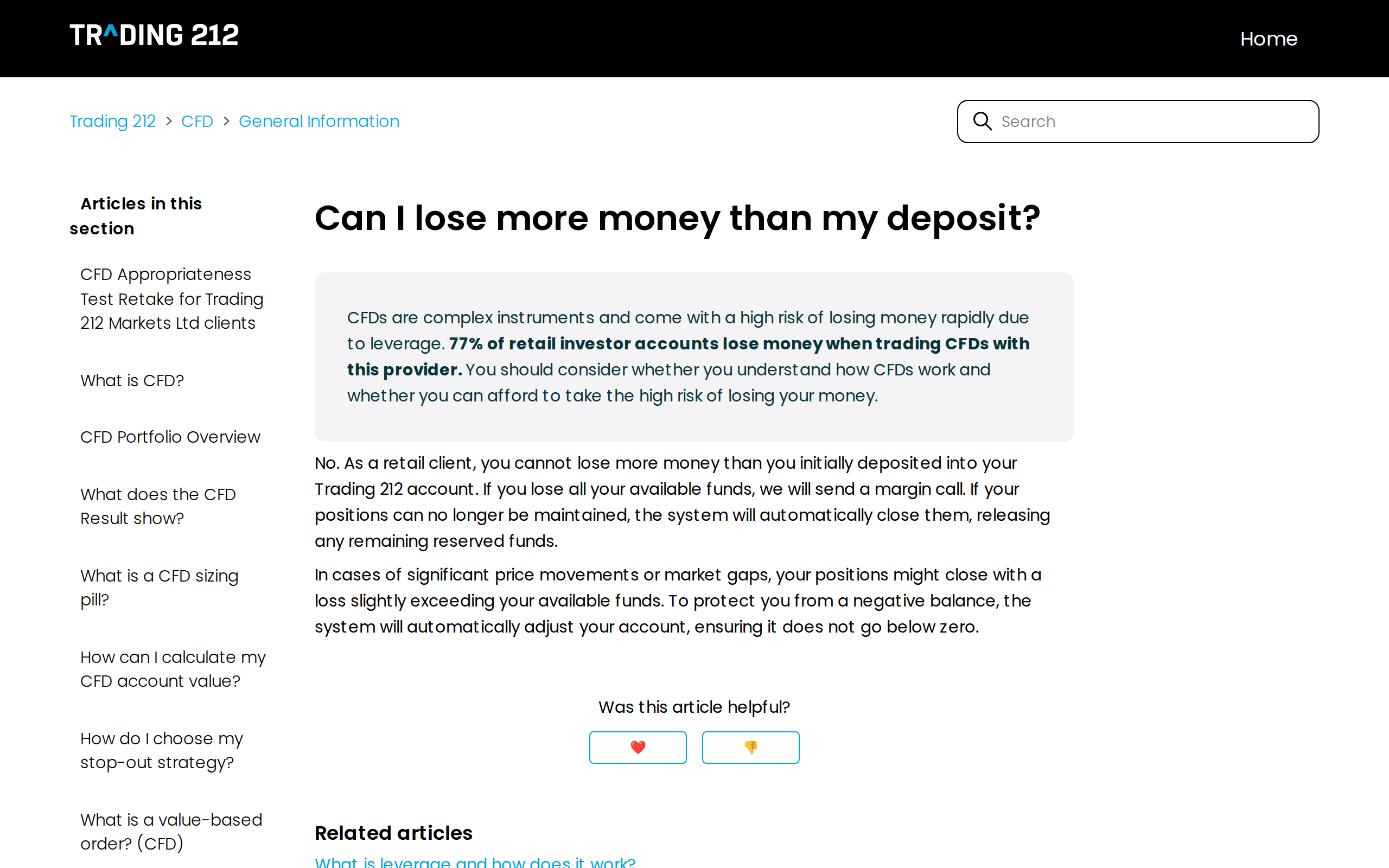 Trading 212 help centre article confirming negative balance protection on CFD accounts