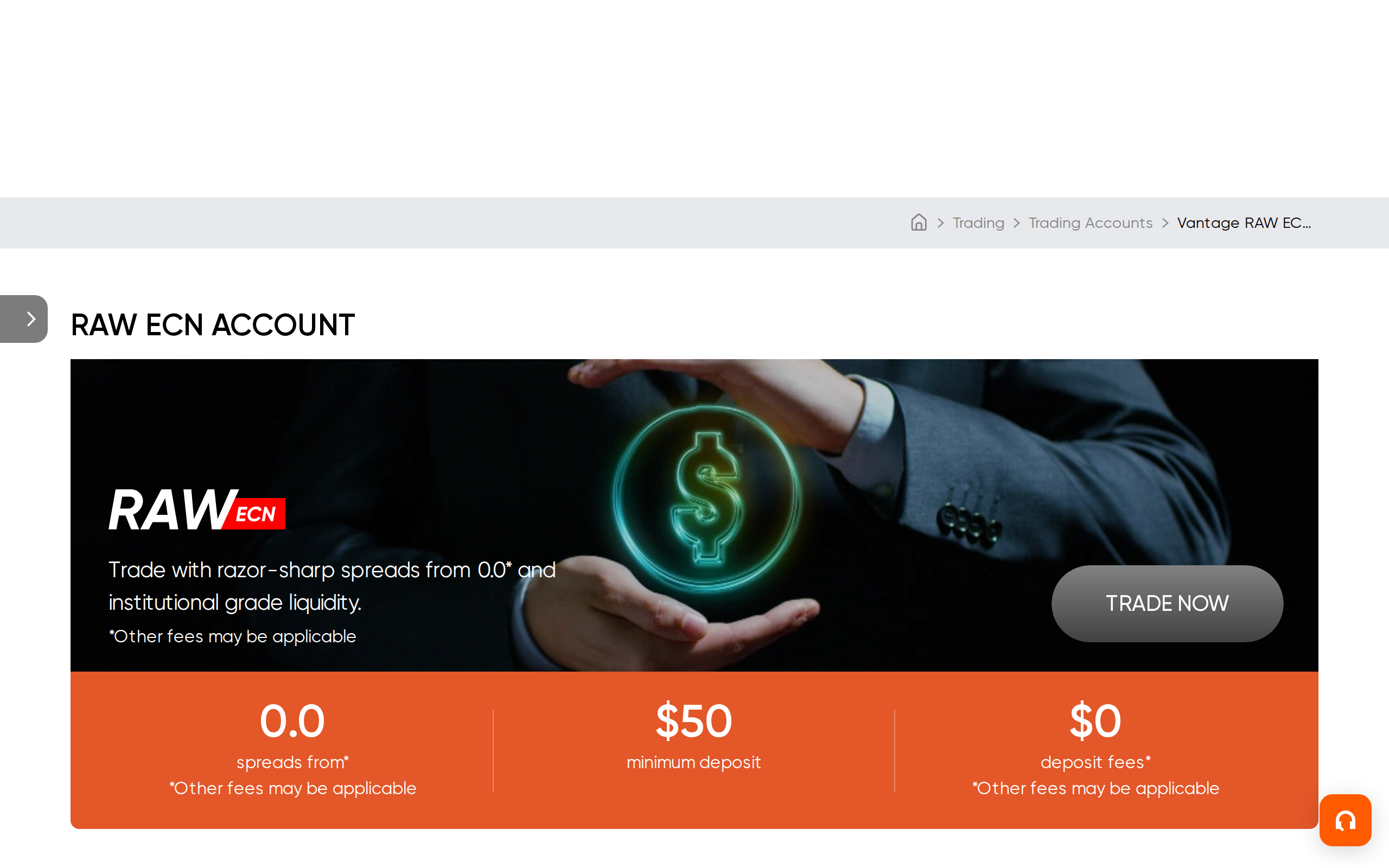 Vantage RAW ECN account page advertising razor-sharp spreads from 0.0 with a $50 minimum deposit
