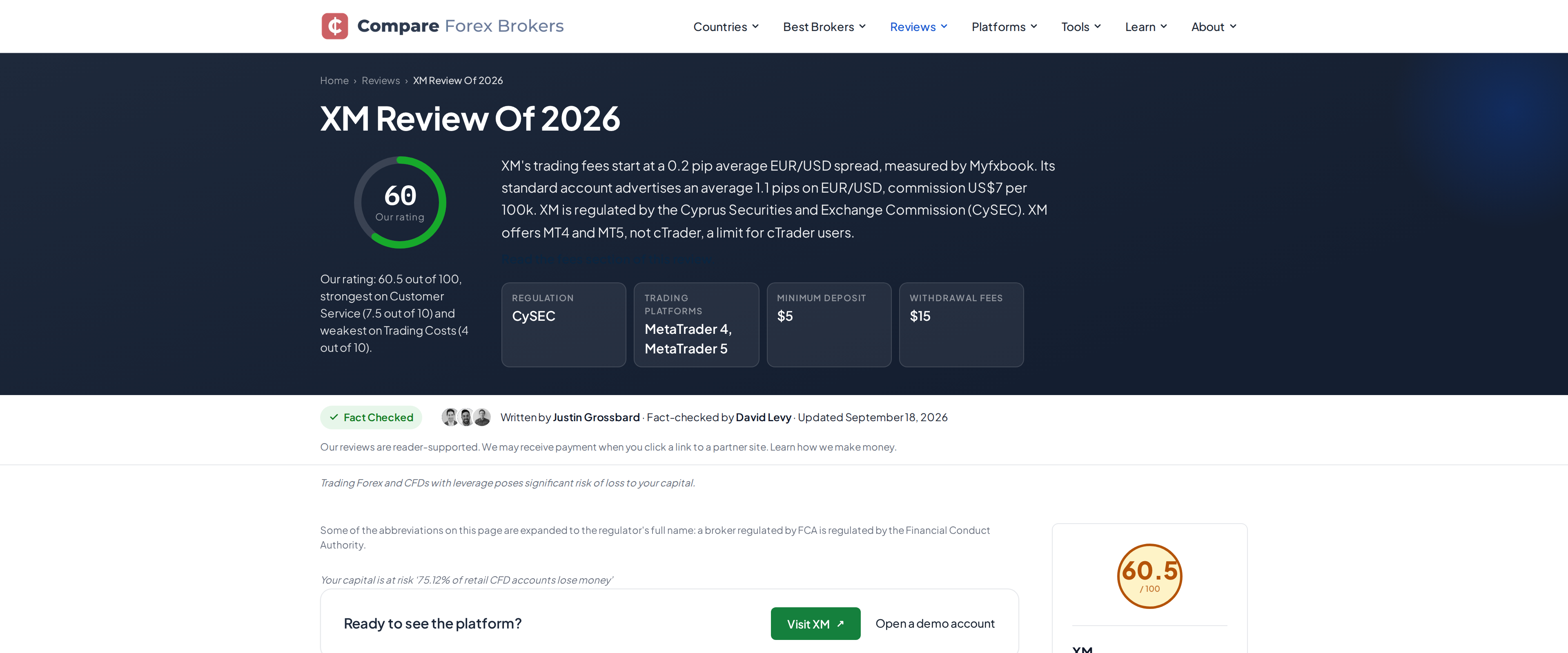 Independent broker review site listing XM's 2026 review with a $5 minimum deposit figure