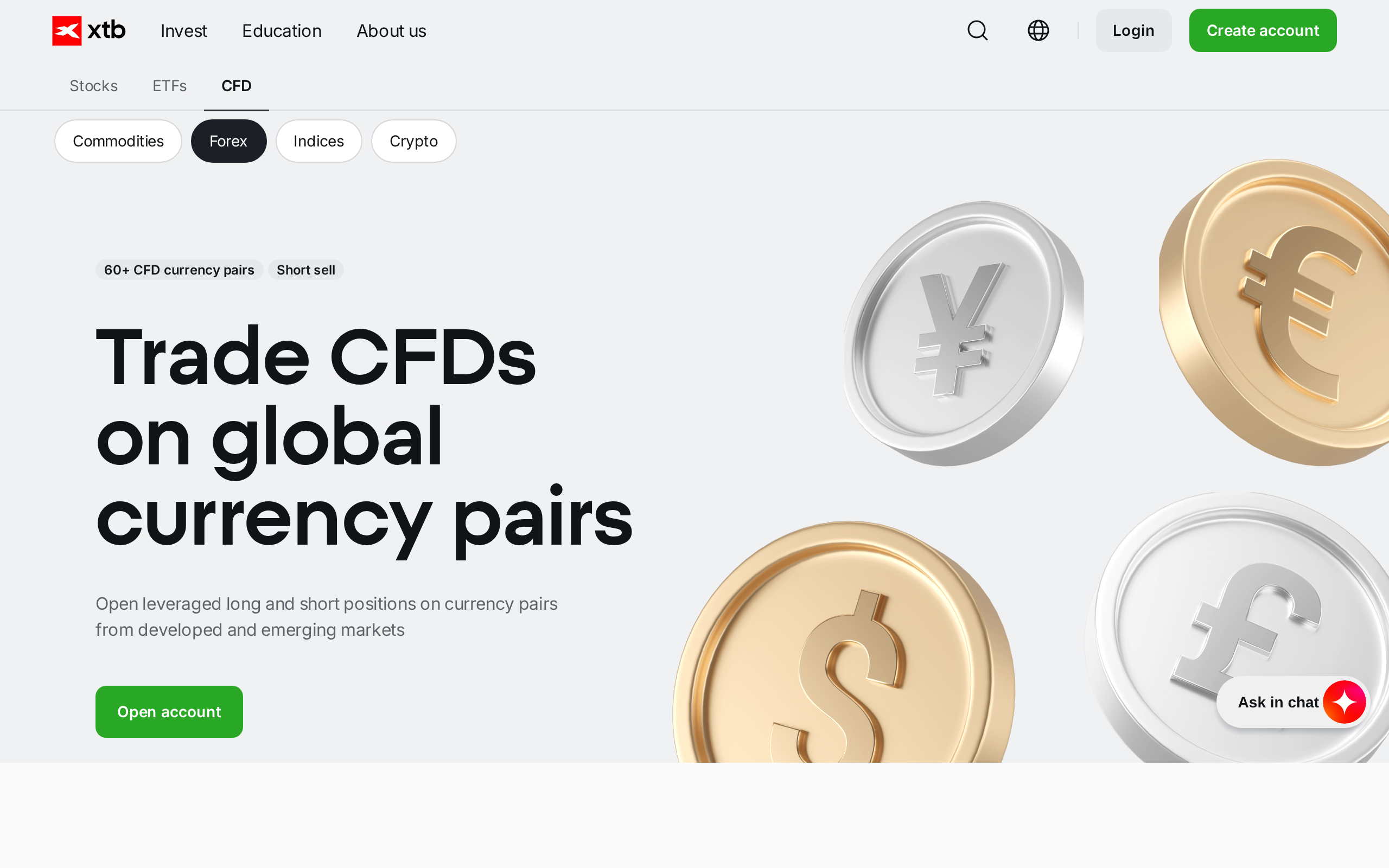 Forex trade CFDs page headline reading Trade CFDs on global currency pairs