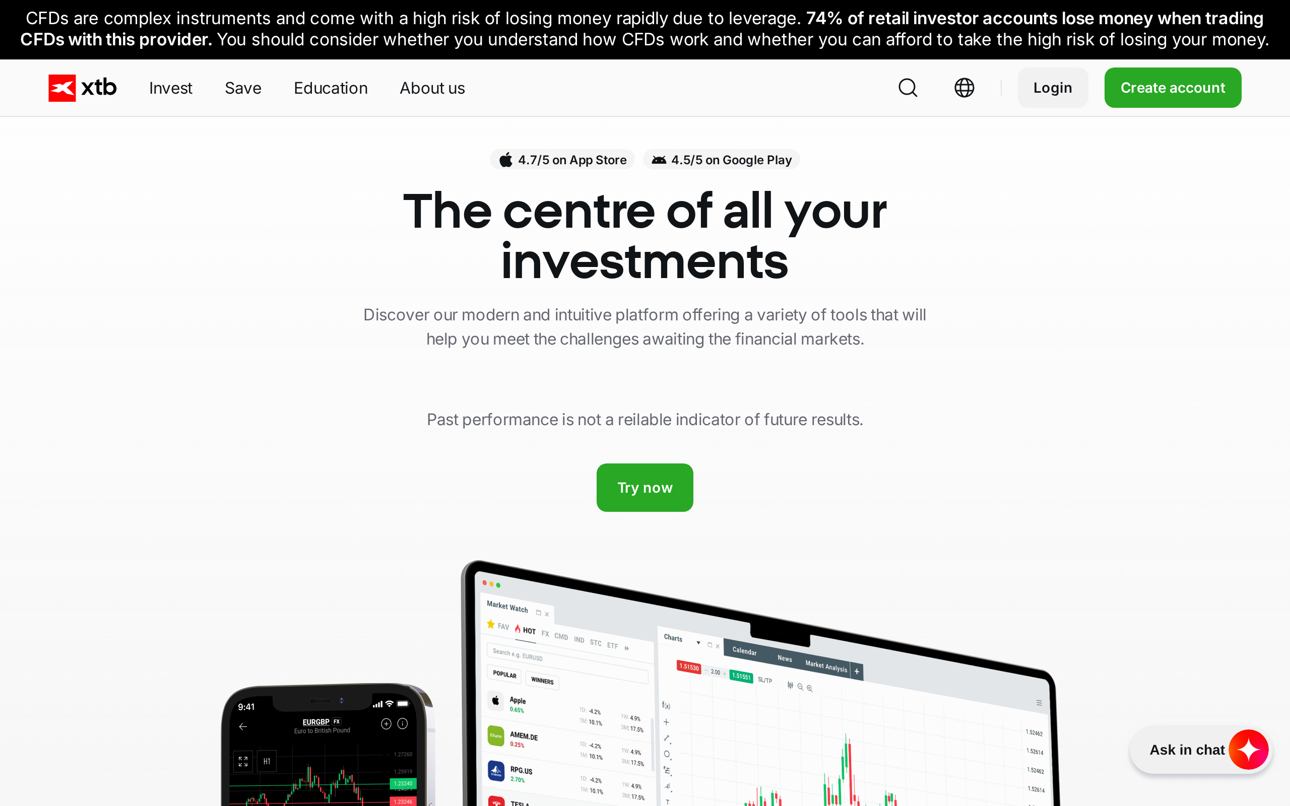 XTB platform overview page headline reading The centre of all your investments