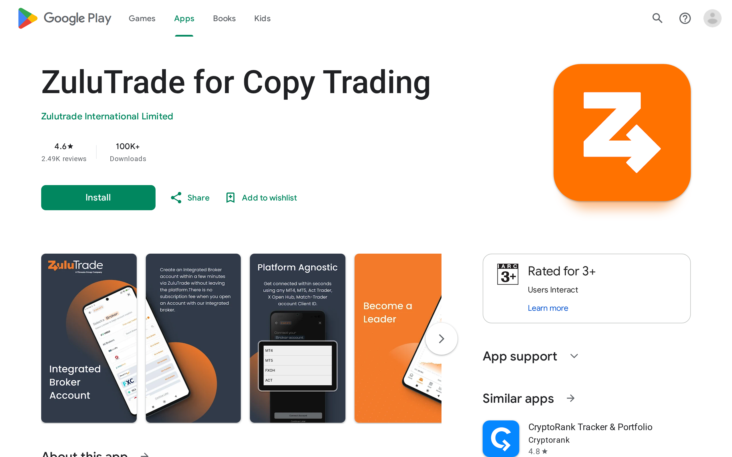 ZuluTrade for Copy Trading app store listing with icon and screenshots
